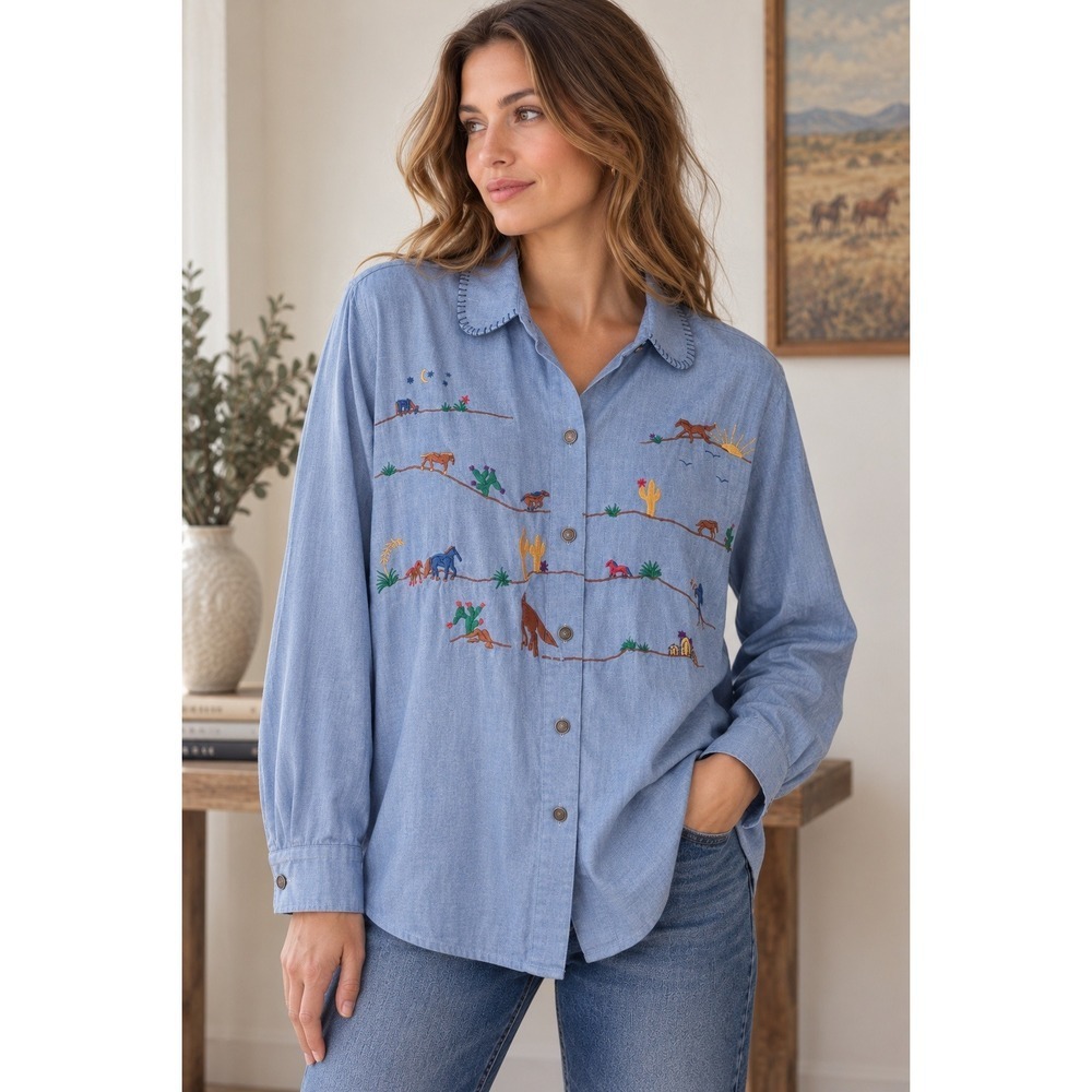 Vintage Koret City Blues Horse Embroidered Shirt L Western Cowboy Chambray